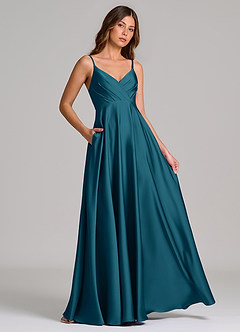 Azazie Amani Robes de demoiselle d'honneur Robe Trapèze en Satin extensible Plissée Bleu Encre image4
