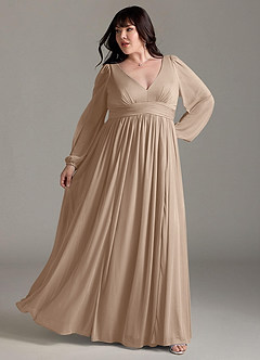 Azazie Norah Brautjungfernkleider A-Linie Lange Ärmel mit V-Ausschnitt Chiffon Kleid Taupe image8