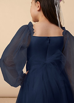 Azazie Aya Jurken voor bloemenmeisjes A-Lijn Jurk van Tule met Mouwen Donkere Marine image5