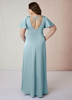Azazie Lani Bridesmaid Dresses Moody Blue A-Line Flounce Sleeve Stretch Satin Dress image8