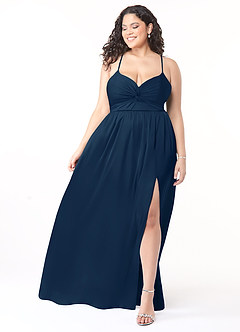 Azazie Raya Brautjungfernkleider A-Linie V-Hals Gefaltet Stretch-Satin Kleid Dunkelmarine image7