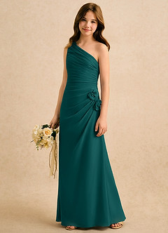 Azazie Sophie Girls Formal Robe Demoiselle D'honneur Fillette Robe Fourreau en Mousseline de soie Une épaule Paon image4