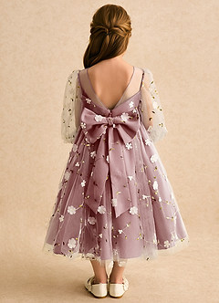 Azazie Elowen Robe Demoiselle D'honneur Fillette Robe Trapèze en Dentelle Encolure en Forme de Cœur Rose Du Désert image2