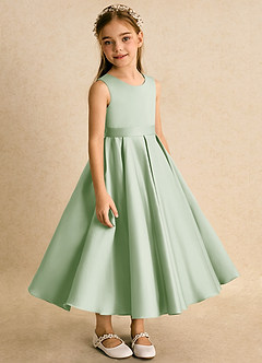 Azazie Junebuj vestidos de niña de las flores Vestido de Salvia Polvorienta de Satin Mate de Princesa con Plisado image5