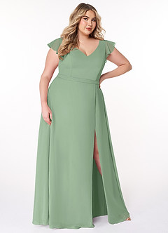 Azazie Claudine Final Sale Matcha A-Line Flutter Sleeve Chiffon Dress image10