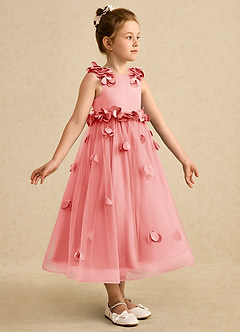 Azazie Atta Flower Girl Dresses Coral A-Line One Shoulder Tulle Dress image3