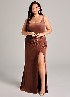 Azazie Mero Brautjungfernkleider Meerjungfrau-Linie Plissee Samt Kleid Terrakotta image11