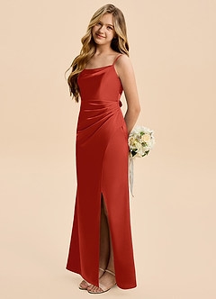Azazie Christen Junior Rust A-Line Pleated Stretch Satin Dress image3