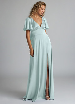 Azazie Kimber Bridesmaid Dresses Sea Glass A-Line Ruched Stretch Satin Dress image4