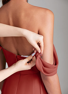 Azazie Amyra Bridesmaid Dresses Terracotta Sheath Off the Shoulder Chiffon Convertible Dress image9