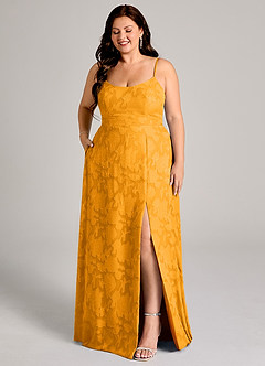 Azazie Moira Abiti da Damigella Abito A-Line in Burnout Floreale Spacco Laterale Caramello image10