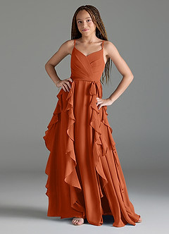 Azazie Peyton Junior Burnt Orange A-Line V-Neck Cascading Ruffles Chiffon Dress image1