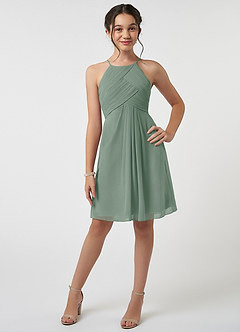 Azazie Ginny Junior Abito A-Line in Chiffon Plissettato Salvia Argentata image1