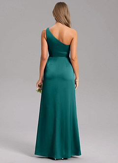 Azazie Feby Bridesmaid Dresses Peacock A-Line One Shoulder Stretch Satin Dress image2