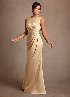 Azazie Baltimore Mother of the Bride Dresses Champagne A-Line Pleated Stretch Satin Dress image3
