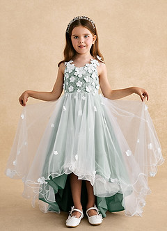Azazie Celia Flower Girl Dresses Silver Sage A-Line Lace Tulle Dress image4