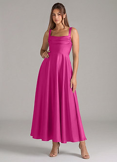 Azazie Shaude Bridesmaid Dresses Fuchsia A-Line Pleated Stretch Satin Dress image1