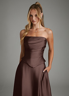 Azazie Amina Bridesmaid Dresses Ganache A-Line Corset Stretch Satin Dress image4