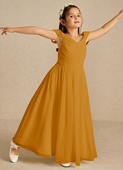 Azazie Chelle Robe Demoiselle D'honneur Fillette Robe Trapèze en Mousseline de soie Plissée Caramel écossais image3