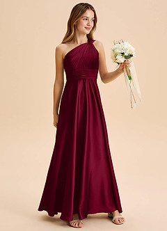 Azazie Charlize Junior Vestido Borgonha de Cetim elástico de Linha A com Plissado image3