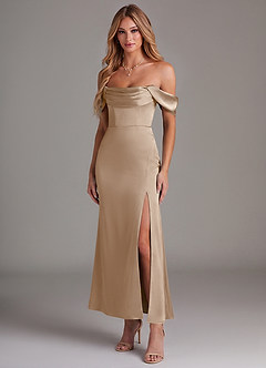 Azazie Saige Bridesmaid Dresses Taupe Mermaid Off the Shoulder Stretch Satin Dress image1