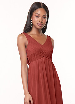 Azazie Oceana Venta Final Vestido de Dusty Rose de Malla de Acampanado con Cuello en V plisado image5