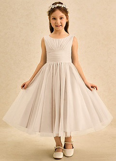 Azazie Macaron Robe Demoiselle D'honneur Fillette Robe Trapèze en Tulle Plissée Albâtre Blanc image3