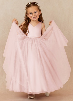 Azazie Marybell Flower Girl Dresses Blushing Pink A-Line Bow Tulle Dress image3