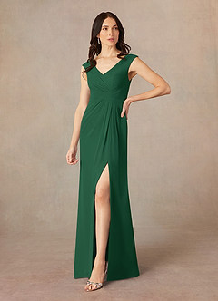Azazie Sally Mother of the Bride Dresses Dark Green A-Line V-Neck Pleated Chiffon Dress image2