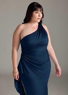 Azazie Latrice Bridesmaid Dresses Dark Navy Sheath One Shoulder Cascading Ruffles Stretch Satin Dress image11