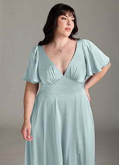 Azazie Kimber Bridesmaid Dresses Mist A-Line Ruched Stretch Satin Dress image5