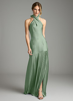 Azazie Nayeli Jurken voor bruidsmeisjes Jurk van Stretch Satijn met A-Lijn Geplooid Matcha image1