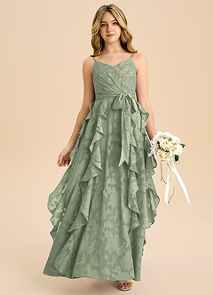 Azazie Peyton Junior A-Linie Plissee Blumen-Burnout Kleid Agave image1