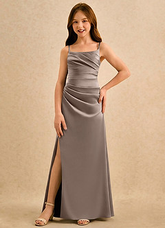 Azazie Cannoli Girls Formal Robe Demoiselle D'honneur Fillette Robe Trapèze en Mat Satiné Plissée Taupe image3