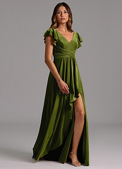 Azazie Omari Bridesmaid Dresses Olive A-Line Pleated Velvet Dress image3