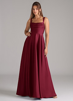 Azazie Shaude Bridesmaid Dresses Burgundy A-Line Pleated Stretch Satin Dress image2