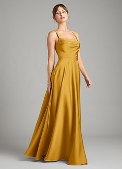 Azazie Shaude Bridesmaid Dresses Butterscotch A-Line Pleated Stretch Satin Dress image7