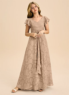 Azazie Omari Junior A라인 주름진 플로럴 번아웃 플로어 길이 주니어 신부 들러리 드레스 image1