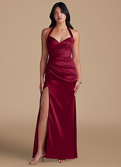 Azazie Emeria Bridesmaid Dresses Burgundy Sheath Side Slit Metallic Satin Dress image5