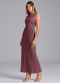 Azazie Evadne Bridesmaid Dresses Sangria Sheath Pleated Chiffon Dress image1
