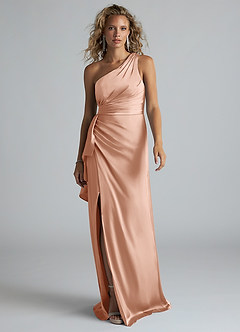 Azazie Maive Bridesmaid Dresses Rose Gold Sheath Ruched Stretch Satin Dress image1