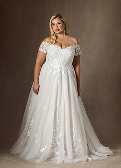 Azazie Rowe Wedding Dresses Diamond White Ball-Gown Off the Shoulder Tulle Dress image12
