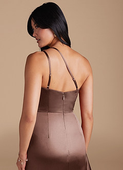 Azazie Latrice Bridesmaid Dresses Espresso Sheath One Shoulder Metallic Satin Dress image4