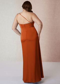 Azazie Mika Vestidos de damas de honor Vestido de Naranja Quemada de Satén Elástico de Corte Recto con Hombro unilateral image9