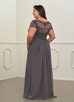Azazie Dunja vestidos de madre de la novia Vestido de Gris Acero de Gasa de Corte En A con Encaje cuello pico image12