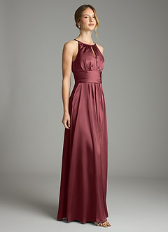 Azazie Bonnie Vestidos de damas de honor Vestido de Merlot de Satén Elástico de Corte en A con Plisado image4