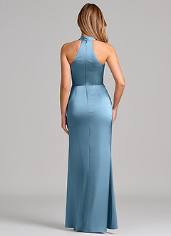 Azazie Karlotta Bridesmaid Dresses Steel Blue Sheath Pleated Stretch Satin Dress image2