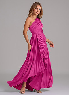 Azazie Lyrica Bridesmaid Dresses Fuchsia A-Line One Shoulder Stretch Satin Dress image3