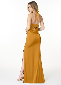Azazie Myla Final Sale Butterscotch Sheath Cowl Keyhole Stretch Satin Dress image2