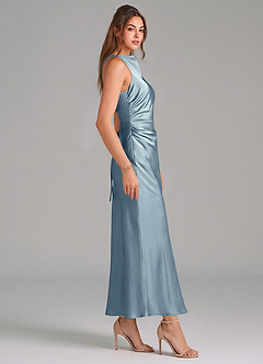 Azazie Evadne Vestidos de damas de honor Vestido de Azul Polvoriento de Satén Elástico de Corte Recto con Plisado image4